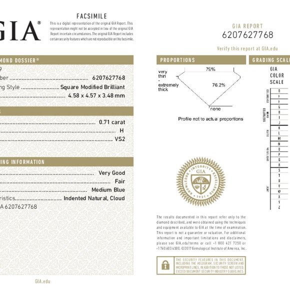 Princess Diamond Pendant 14K White 0.71 Ct H Vs2 Gia C47200020 - Picture 5 of 6